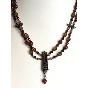 Vintage Multi-Strand Necklace With Red & Amber Beads Bronze Pendant & Chain Intr